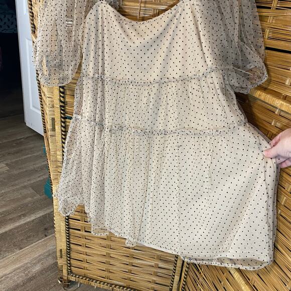 Arula X Swiss Dot Mesh Puff Sleeve Tiered Mini Dress Nude Black Polka Dot XL 14 - Picture 6 of 9